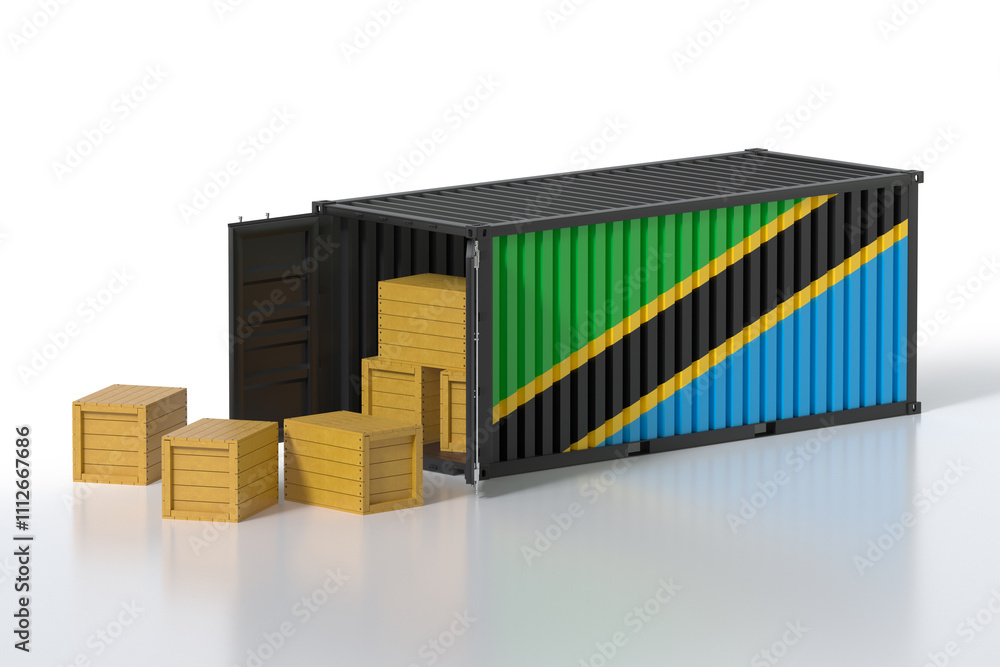 Poster cargo container with tanzania flag being unloaded with wooden crates on white background