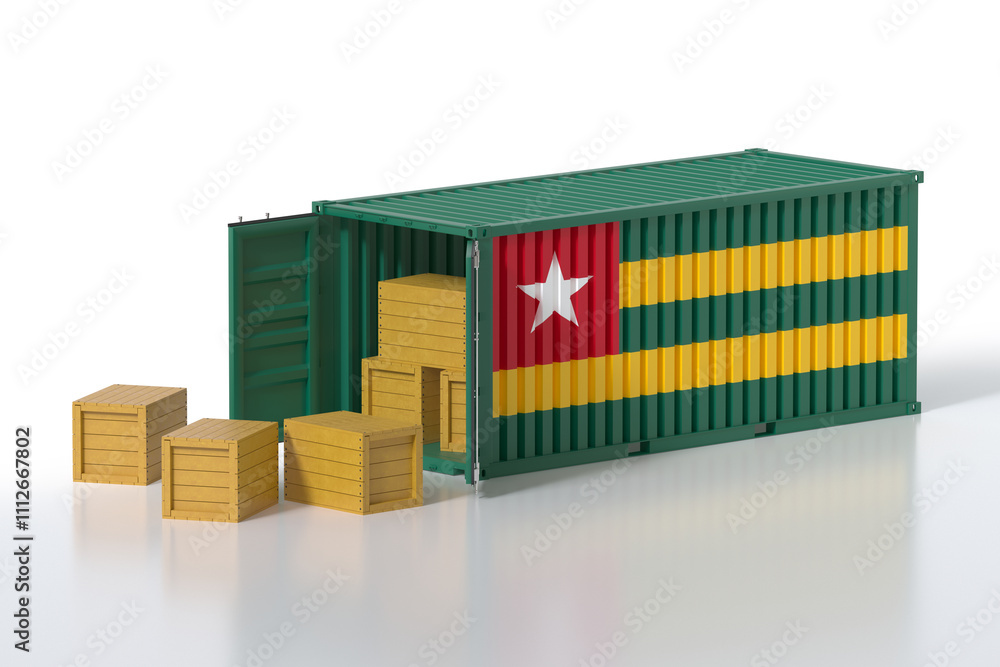 Aufkleber cargo container with togo flag being unloaded with wooden crates on white background