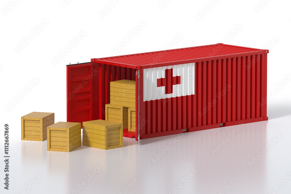 Poster cargo container with tonga flag being unloaded with wooden crates on white background