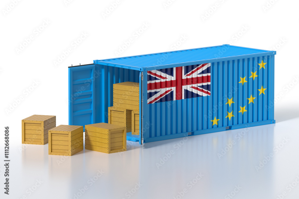 Poster cargo container with tuvalu flag being unloaded with wooden crates on white background