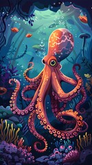 Octopus and beautiful underwater scenery, Underwater Scene with Incredible Commotion of an Octopus