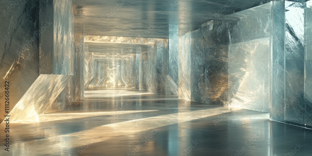 Poster crystal labyrinth of reflections, an intricate maze with shimmering walls that scatter light into a 