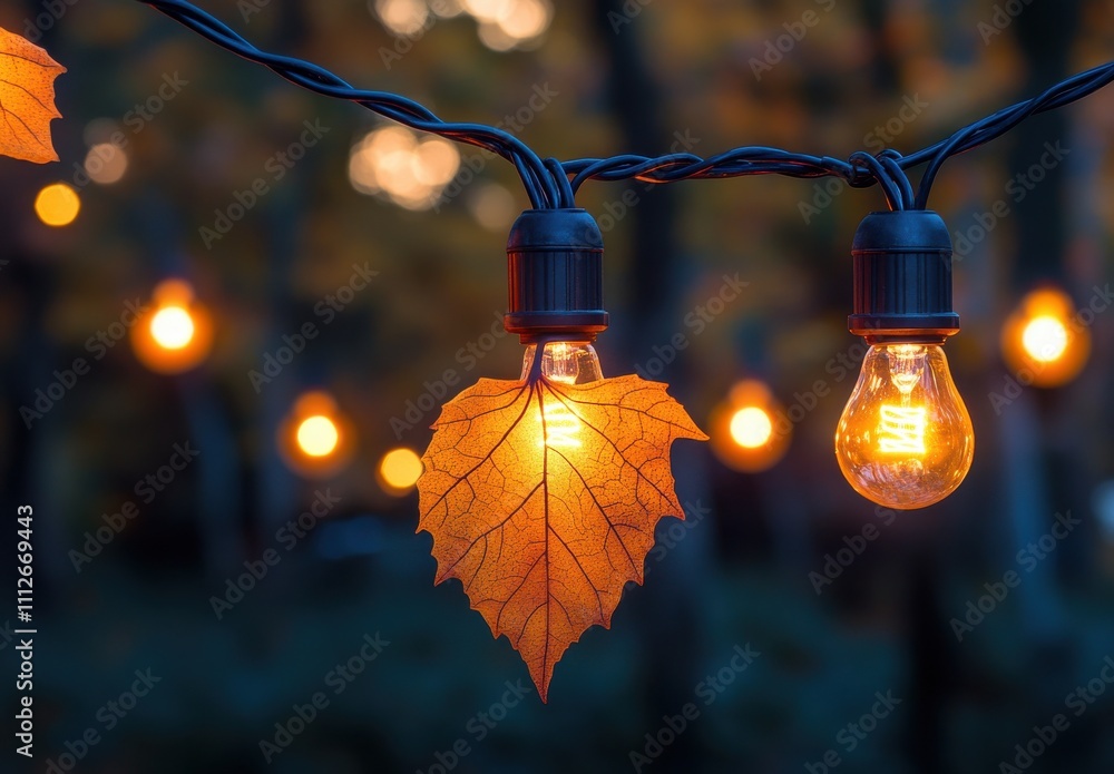 Poster string lights with bright bulbs and leaf in autumn setting, warm glow creating a cozy atmosphere in 