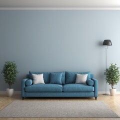 Interior of living room with blue sofa 3d rendering