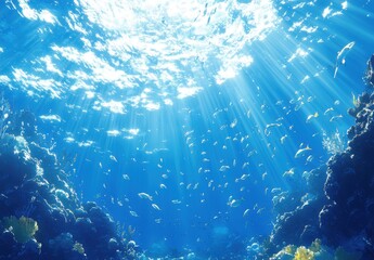 Obraz premium Stunning Underwater Scene with Sunlight Filtering Through Clear Water Above a Vibrant Coral Reef Teeming with Colorful Fish and Marine Life