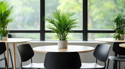 Fototapeta premium Tranquil cafe interior with lush green plants and minimalist design, highlighting natural light and serene ambiance.