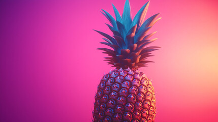Vibrant pineapple against a gradient pink and purple background, showcasing its tropical essence in a colorful display.