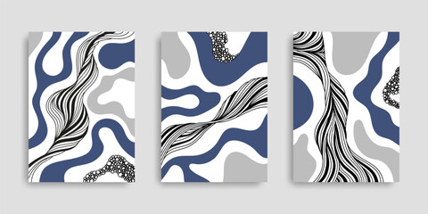 Set of abstract posters with fluid shapes. Collection of covers with ink lines. Backgrounds with wavy shapes. Wall art is hand-painted. Vector illustration. Design for notebook, card, home decor.