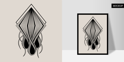 Wall art is hand-painted. Poster with geometric shape. Line art in black ink on a light background. Wavy lines with striped rhombus. Vector illustration. Design for print card, tattoo, home decor.