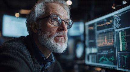Senior man analyzing data on multiple screens in modern office