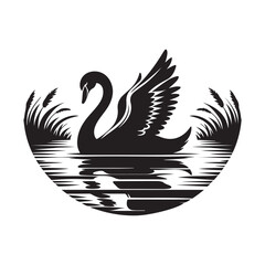 Swan gliding across a lake silhouette vector art black color design and solid white background