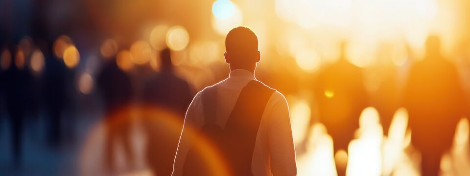 Un homme portant un sac &agrave; dos, vue de dos marchant dans la rue au milieu d'une foule floue, lumi&egrave;re de coucher de soleil. Concept de r&eacute;ussite professionnelle, ou de d&eacute;veloppement personnel.