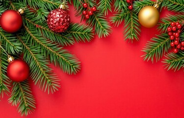 Pine tree branches with red and golden christmas balls on the red background 