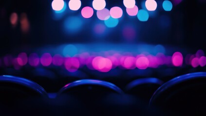 Scène de spectacle floue avec des lumières bleues et roses. L'arrière-plan est flou, créant un effet bokeh. Vue d'ensemble montrant des sièges vides.