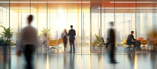 Des femmes d'affaires et des hommes d'affaires marchant dans les bureaux d'une entreprise avec des silhouettes floues au premier plan.