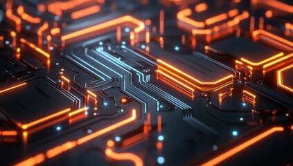 Abstract Circuit Board: Glowing Orange and Blue Pathways of Digital Technology