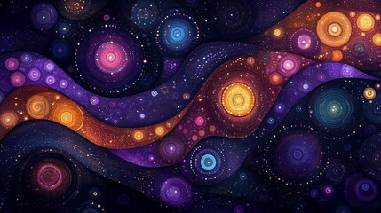 Abstract digital art illustration of glowing lines and dots forming curves, spirals and circular shapes on a dark purple background


