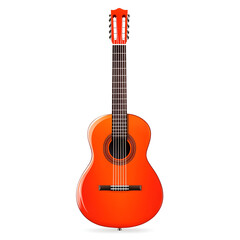 Obraz premium Bright orange classical guitar stands upright against a white background showcasing its vivid color and traditional design