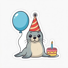 Fototapeta premium A chibi seal with a birthday balloon and cake, wearing a party hat, in sticker style with a plain white background. 