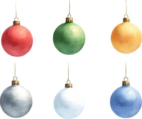 Colorful Christmas ornaments in watercolor style arranged in rows for festive decoration