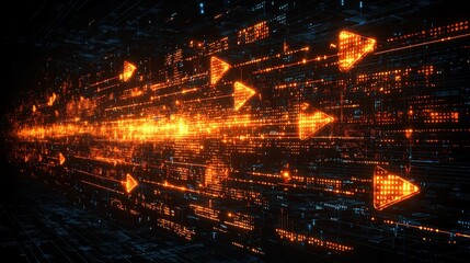 A vibrant digital representation of arrows in motion, symbolizing speed, technology, and data flow through a network of glowing elements.