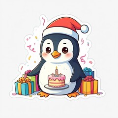 A chibi penguin with a tiny birthday cake, wearing a festive hat, surrounded by gifts and confetti, in a cute sticker style with a white background.