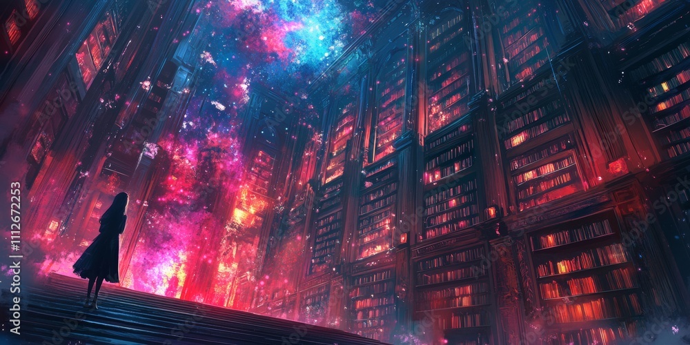 Poster enchanted library of floating tomes, a mystical space filled with luminescent books casting light in