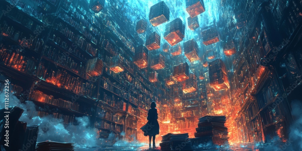 Poster enchanted library of floating tomes, a whimsical space where luminous books hover, casting light on 