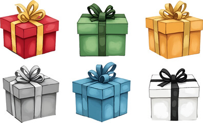Colorful watercolor gift boxes arranged in an attractive layout for festive occasions