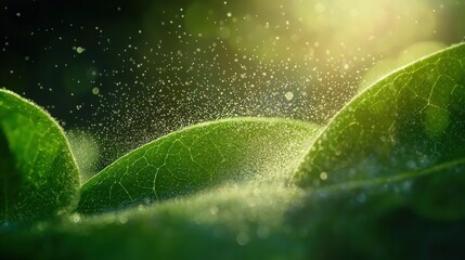 Close-Up of Green Leaf with Stomata Releasing Water Droplets in Soft Natural Light