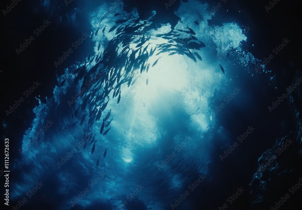 Poster underwater scene with school of fish illuminated by sunlight filtering through ocean surface, creati