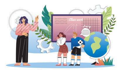 Teacher with kids. Woman with boy and girl near globe. Education, learning and training. Teacher lead lesson for preschoolers. Flat vector illustration