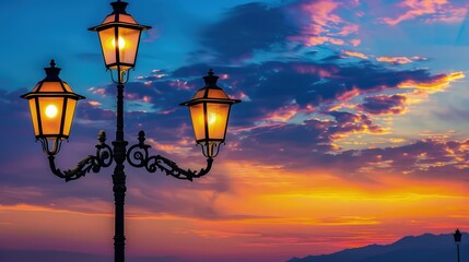 Obraz premium The fading orange and pink sky creates a beautiful backdrop, while the lamp's beam highlights the peaceful emptiness of the quiet street. 
