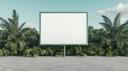 Fototapeta premium Blank billboard against lush tropical background, perfect for advertising or promotional content.