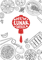 Foods of Chinese Lunar New Year frame. Hand drawn vector illustration. Chinese Food sketch. Holiday menu. Food design template.