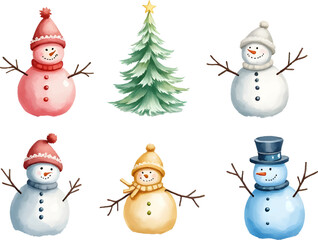 Festive watercolor illustration of cheerful snowmen and a decorated Christmas tree