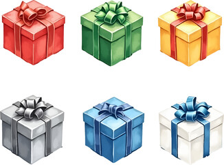 Holiday gift boxes arranged in two rows showcasing colorful wrapping and bows