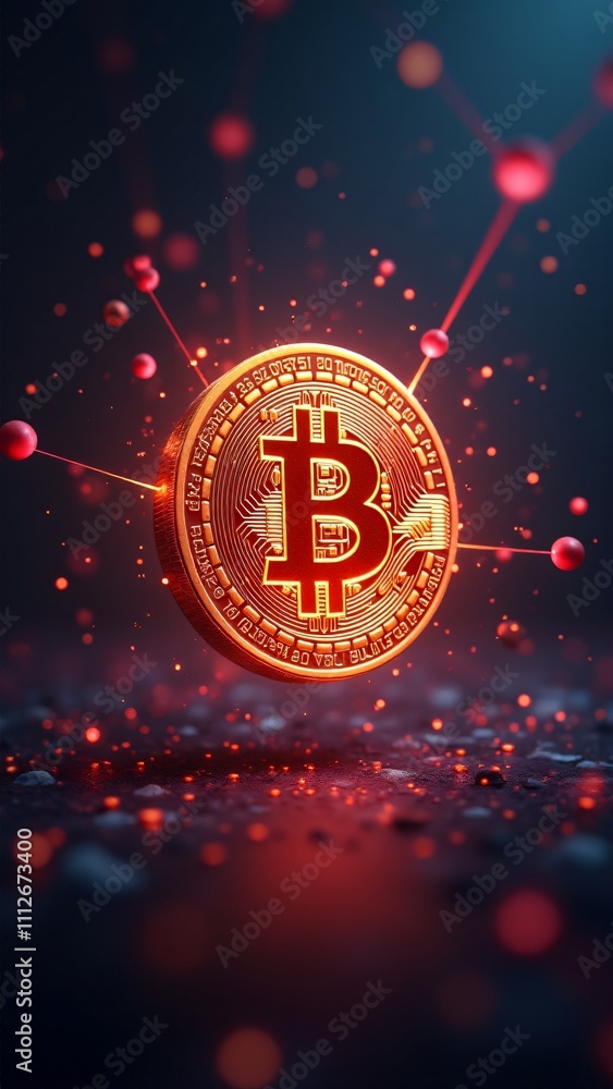 Poster a glowing bitcoin icon surrounded by streams of data, symbolizing its pivotal role in the digital ec