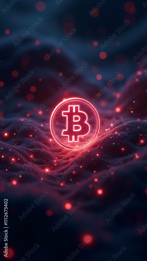 Poster a glowing bitcoin icon surrounded by streams of data, symbolizing its pivotal role in the digital ec