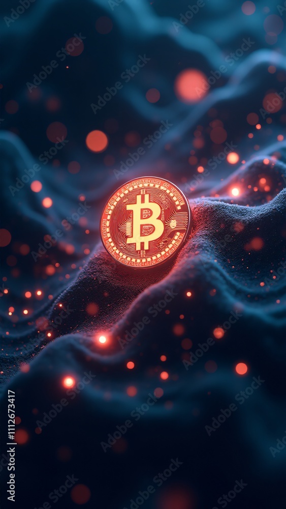 Poster a glowing bitcoin icon surrounded by streams of data, symbolizing its pivotal role in the digital ec