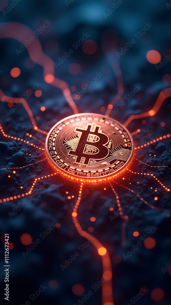 Poster a glowing bitcoin icon surrounded by streams of data, symbolizing its pivotal role in the digital ec