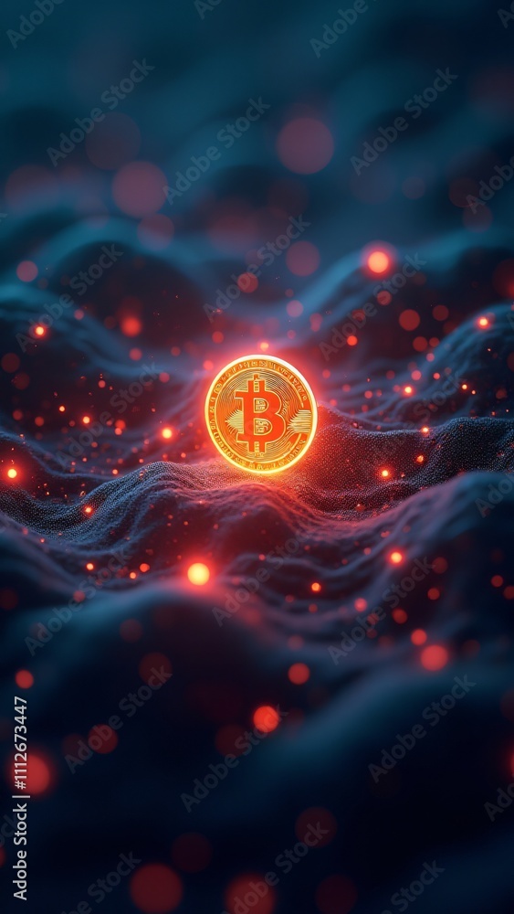 Poster a glowing bitcoin icon surrounded by streams of data, symbolizing its pivotal role in the digital ec