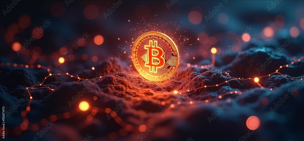 Poster a glowing bitcoin icon surrounded by streams of data, symbolizing its pivotal role in the digital ec