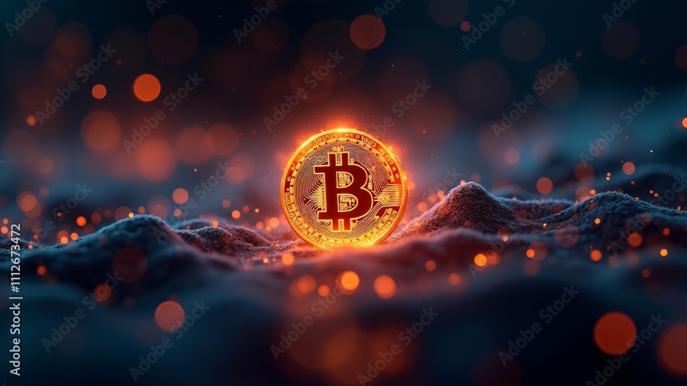 Poster a glowing bitcoin icon surrounded by streams of data, symbolizing its pivotal role in the digital ec