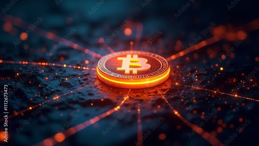 Poster a glowing bitcoin icon surrounded by streams of data, symbolizing its pivotal role in the digital ec