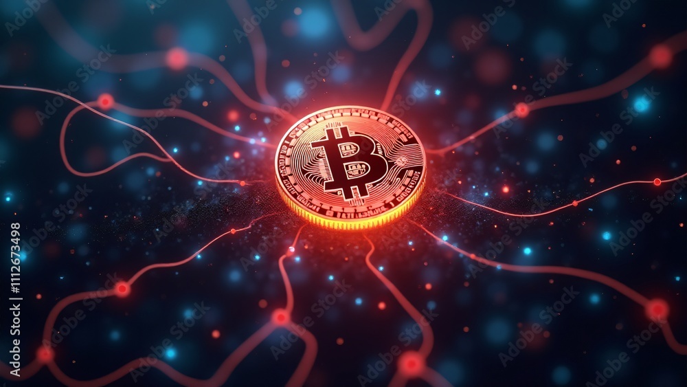 Poster a glowing bitcoin icon surrounded by streams of data, symbolizing its pivotal role in the digital ec