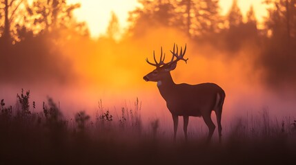 Majestic Standing Deer Silhouetted Against a Vibrant Sunset with Misty Background in a Forest Landscape, Nature's Beauty and Serenity Captured in Twilight