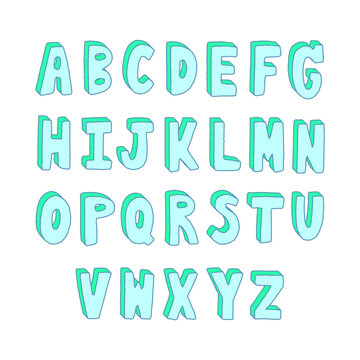 Blue and green hand drawn alphabet on white background
