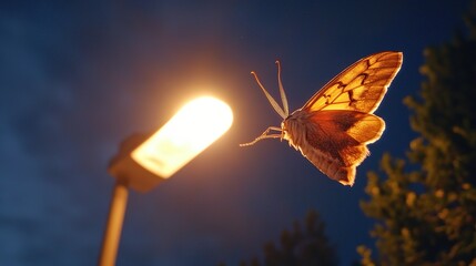 Moth attracted to street lamp at night, close-up detail