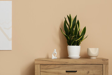 Wooden chest of drawers with statuette, vase and houseplant near beige wall in modern living room